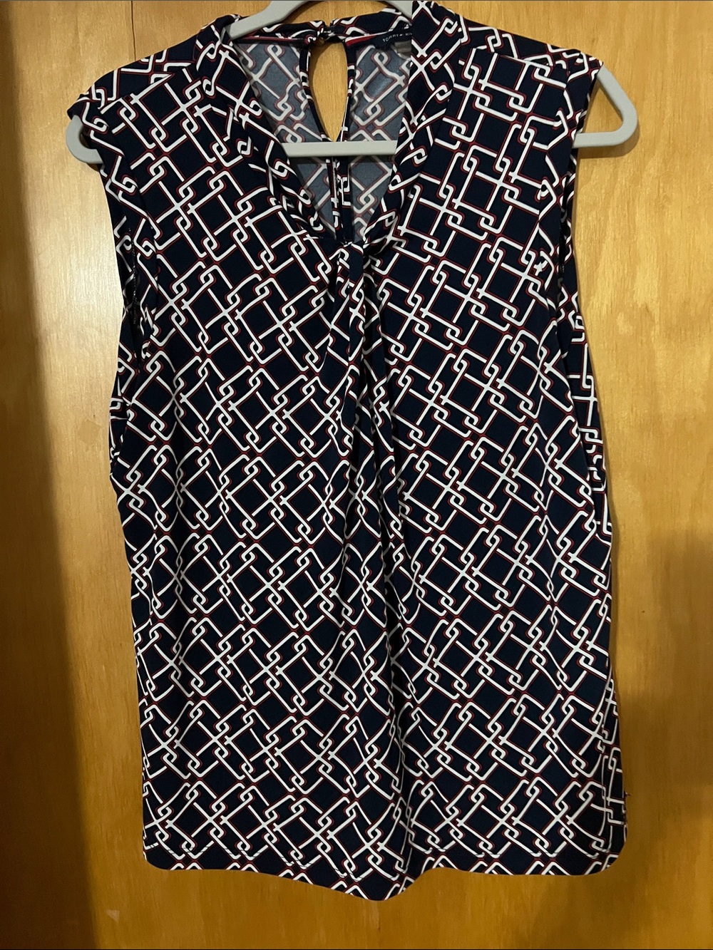 Sleeveless Navy and Red Geometric Tie-Neck Top